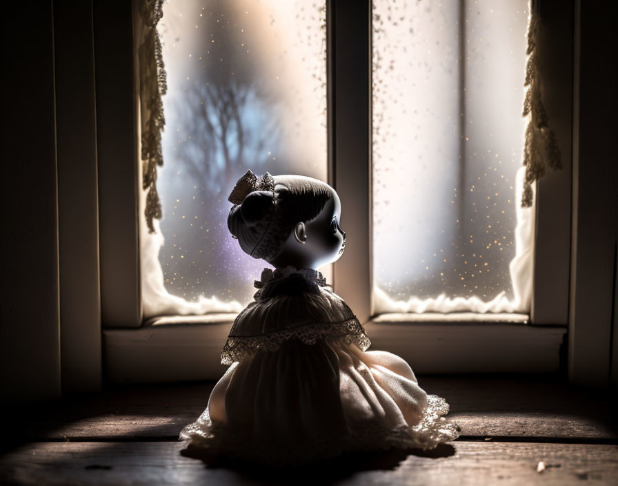 Porcelain doll in vintage dress gazes out window with starry light effect