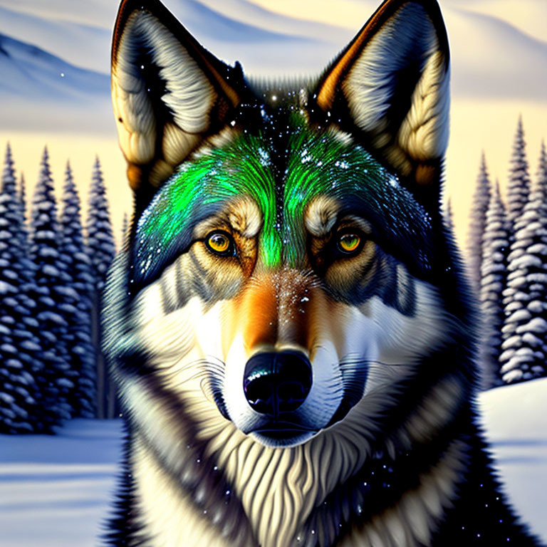 Wolf digital art: galaxy motif in fur, snowy forest, mystical vibe