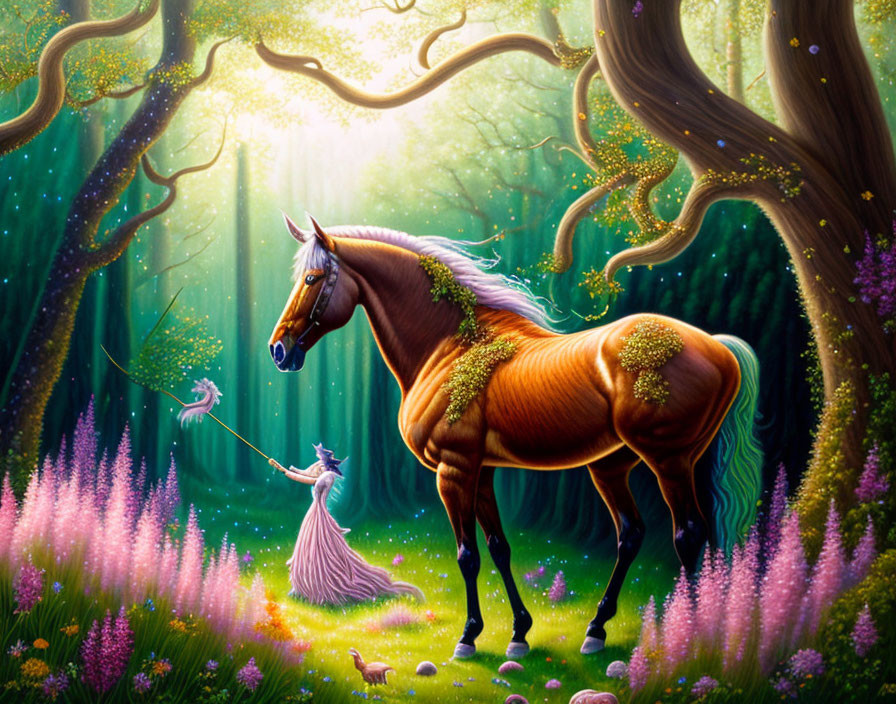 Enchanted forest with fairy casting spell on majestic horse