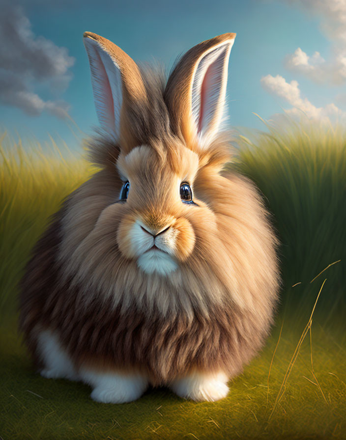 Fluffy Brown and White Rabbit in Field with Blue Eyes