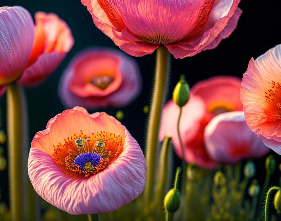 Colorful Pink and Orange Poppies on Dark Background