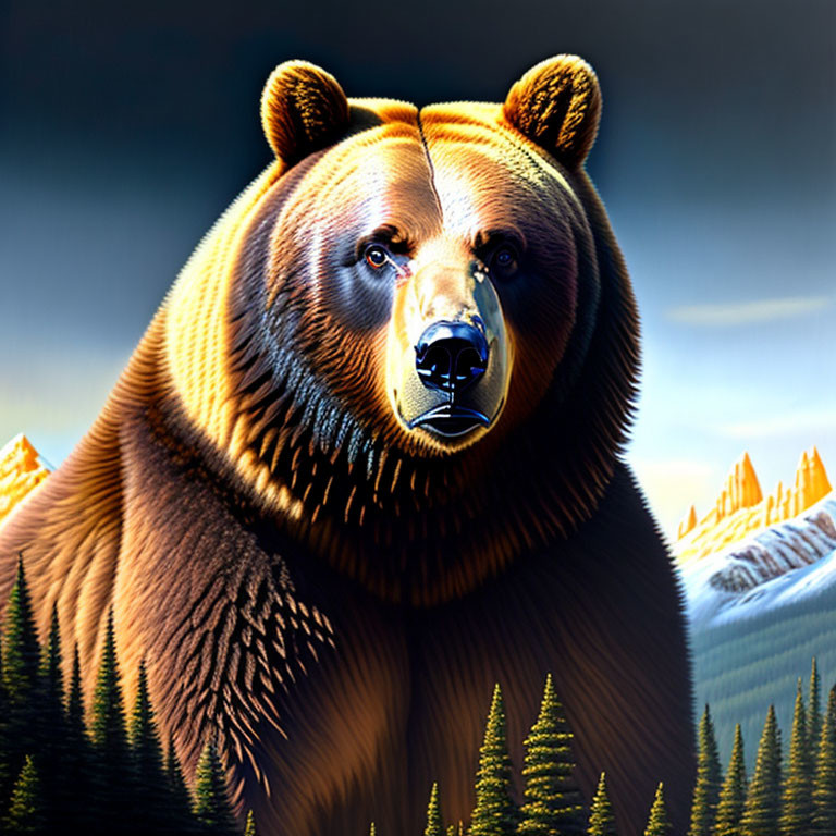 Detailed brown bear illustration with fur texture, mountains, trees, dusky sky