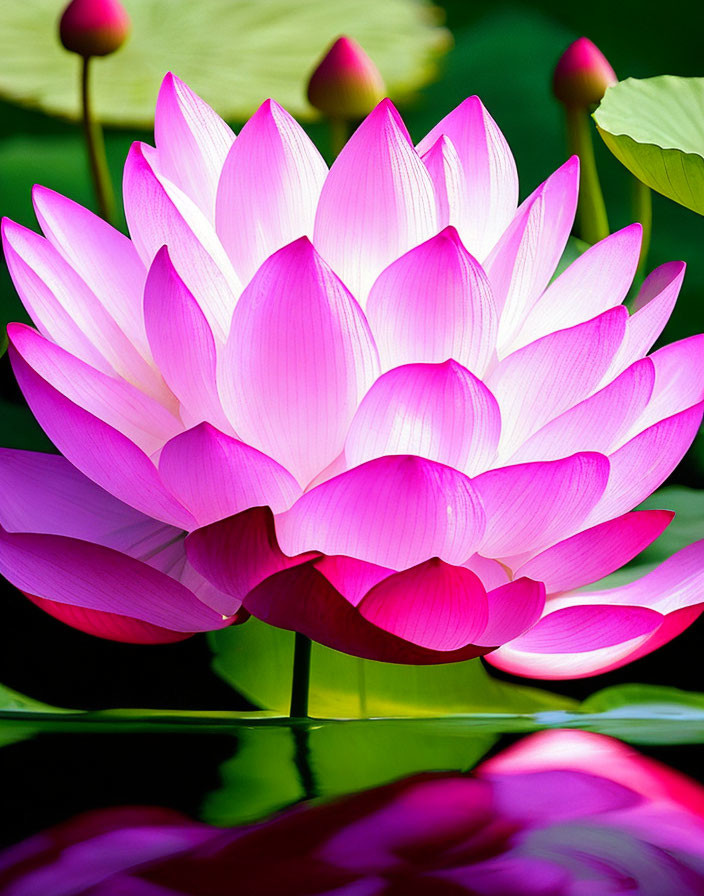 Vibrant pink lotus flower above green lily pads in clear water