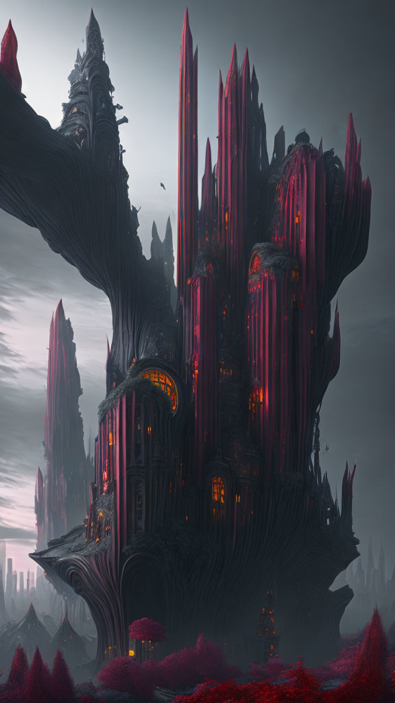 Gothic structure with crimson highlights in misty landscape
