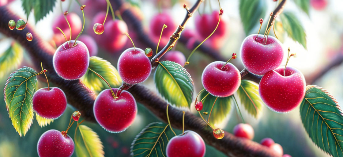 Fresh Red Cherries with Water Droplets on Tree Branch