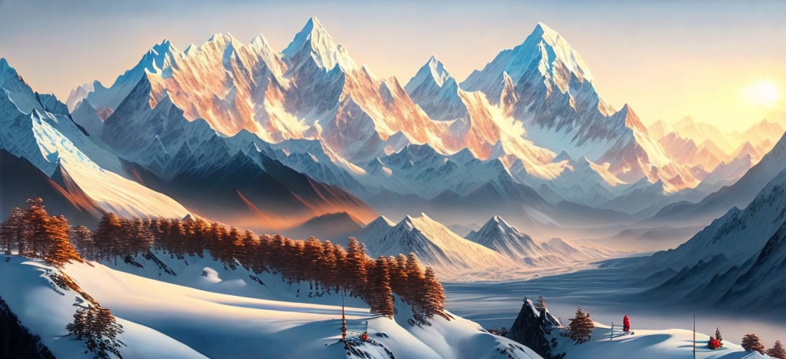 Snowy mountain sunrise with warm light and figures observing.