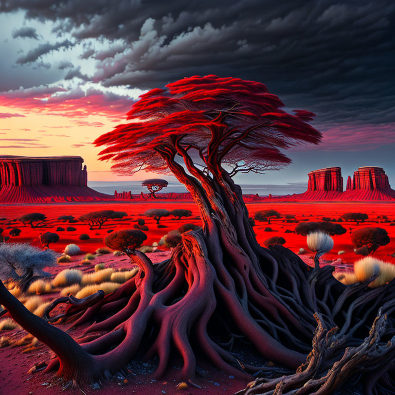Vibrant red and blue landscape with ancient tree and dramatic sunset sky