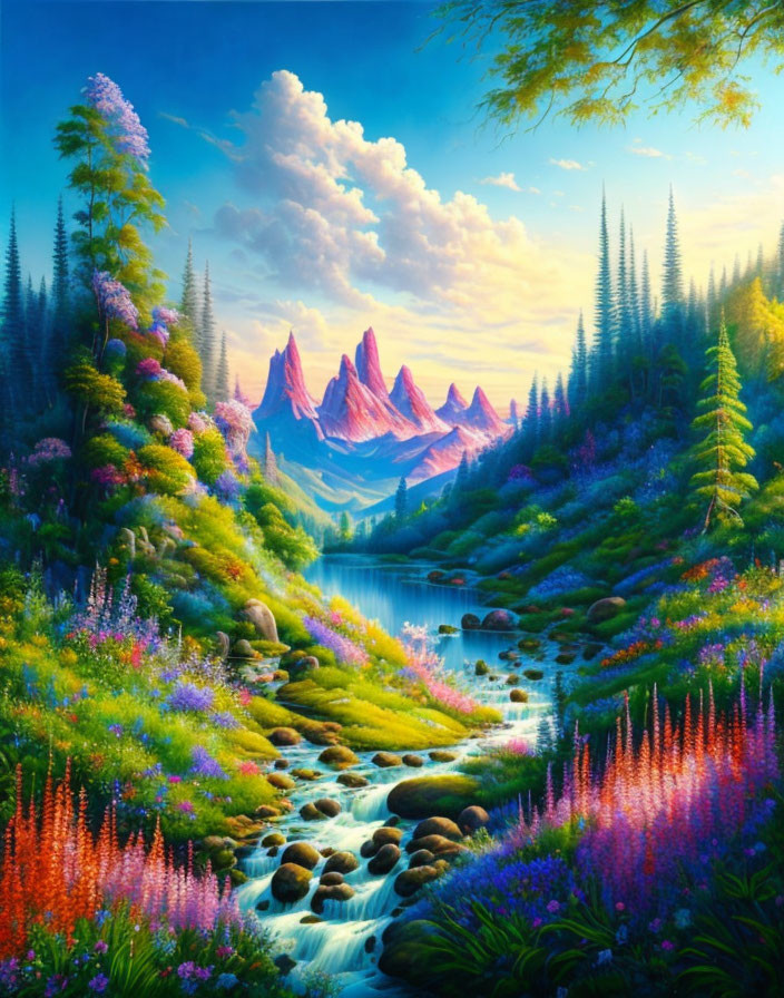 Colorful Landscape: River, Flowers, Mountains, Bright Sky