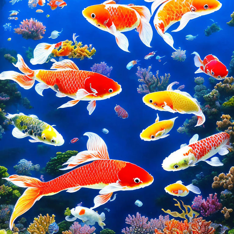 Colorful koi fish swimming in coral reefs with orange, white, and yellow patterns