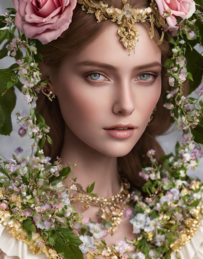 Woman with golden headpiece and pink roses, blue eyes and subtle makeup