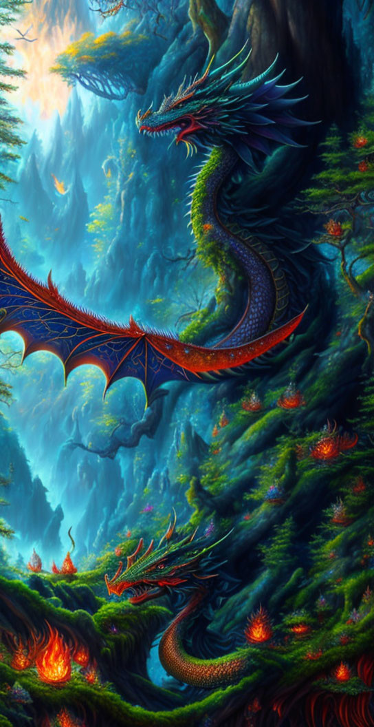 Majestic dragon in vibrant fantasy setting with lush vegetation