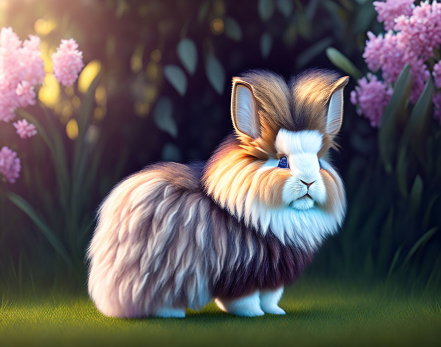 Fluffy Fantasy Bunny with Long Hair in White, Brown, and Black, Big Blue Eyes, Amid