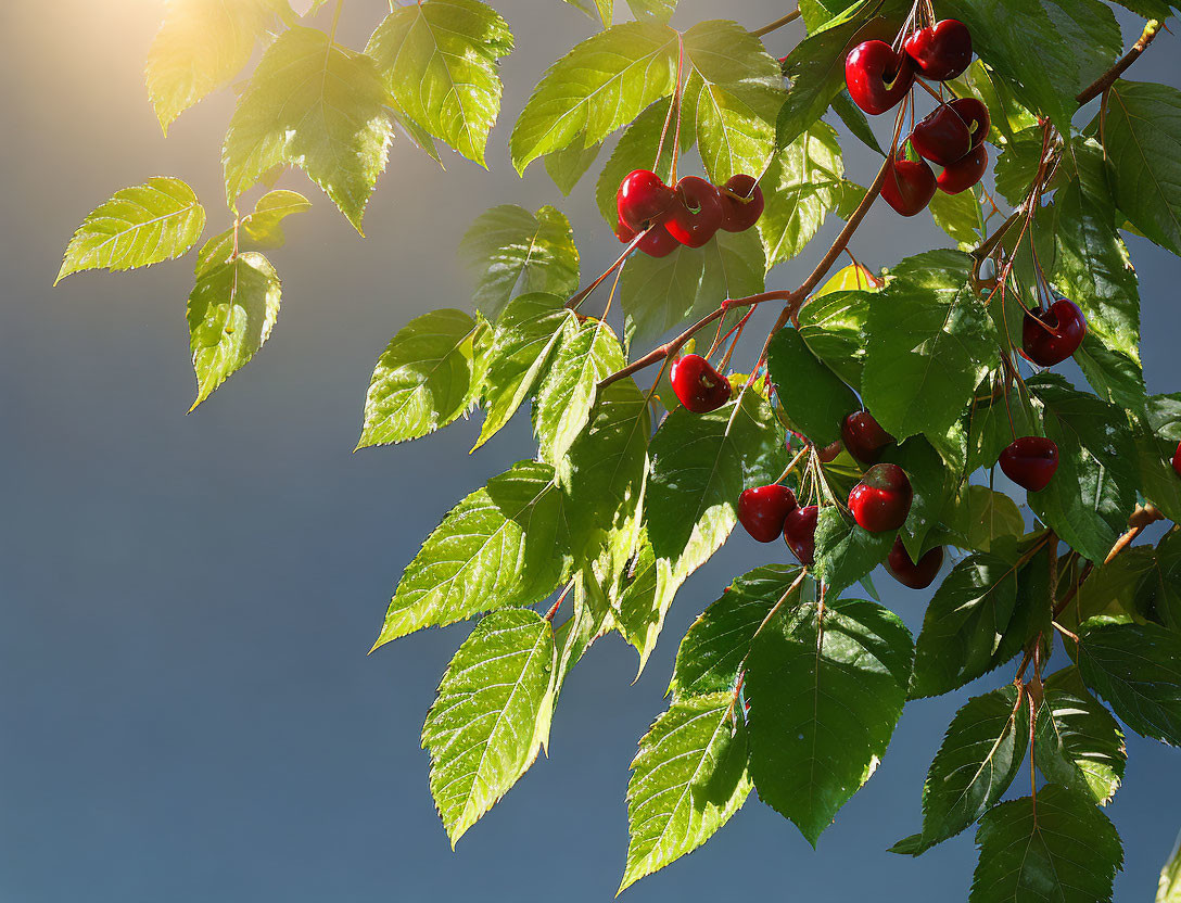 Ripe red cherries on cherry tree branch under clear blue sky