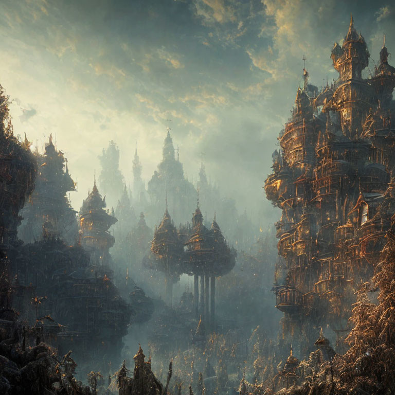 Ancient city with towering spires in foggy forest at dawn or dusk
