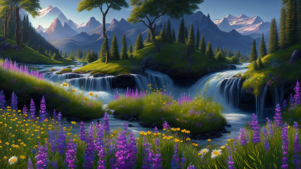 Scenic landscape: lush meadow, waterfalls, river, mountains.