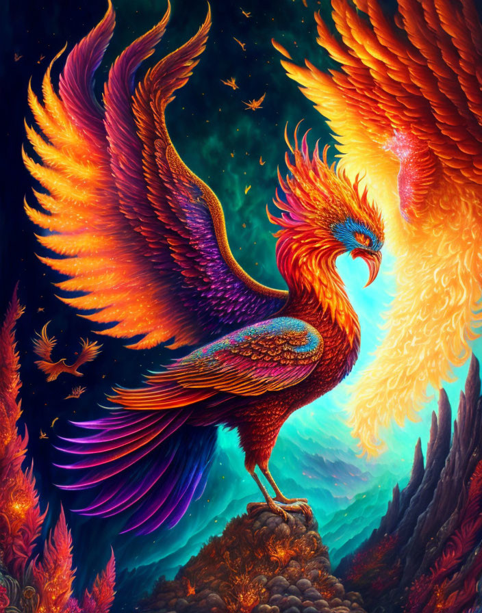 Colorful mythical phoenix illustration with fiery wings on rocky terrain