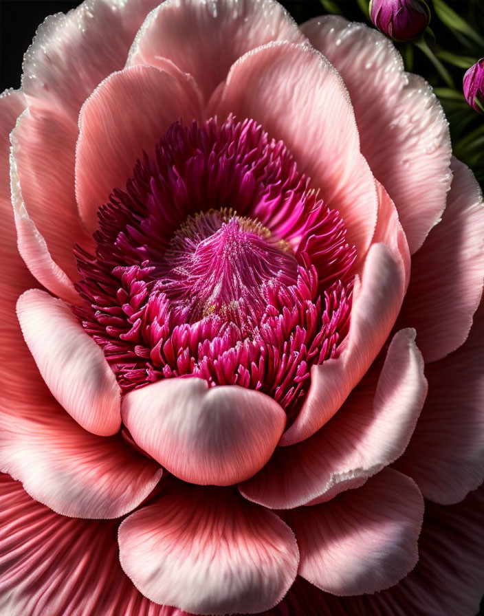 Detailed Close-Up of Vibrant Pink Peony on Dark Background