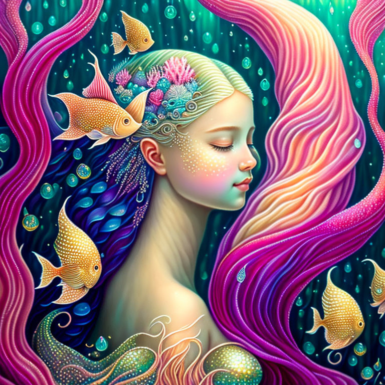 Colorful portrait of a girl with pink and purple hair surrounded by golden fish and intricate floral designs