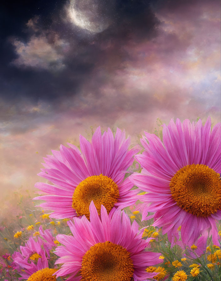 Vibrant Pink Flowers with Yellow Centers Under Crescent Moon