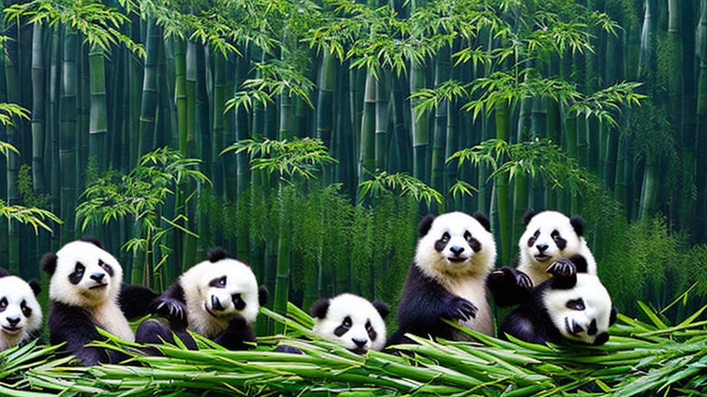 Six pandas in front of bamboo forest with bamboo stalks.