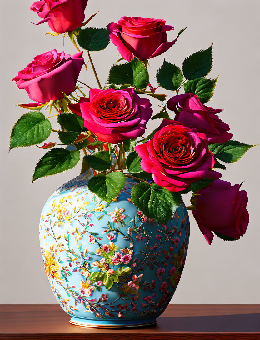 Pink roses in blue vase on neutral background