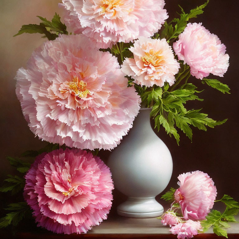 Pink peonies in white vase on dark background