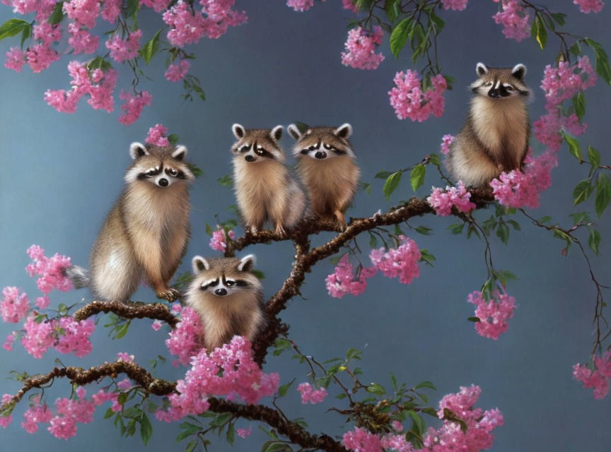 Raccoons on a blooming tree