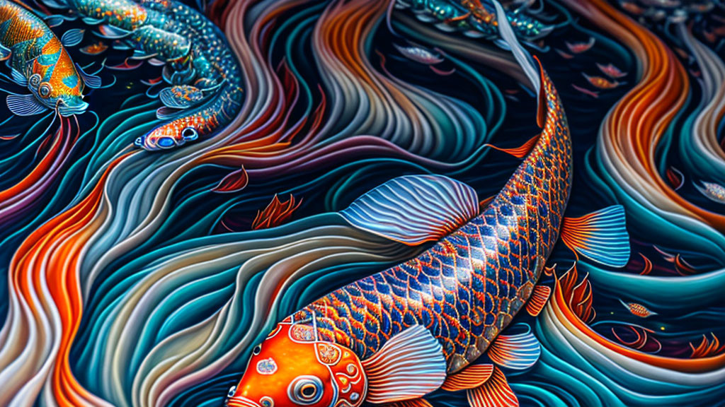 Colorful digital art: Koi fish in vibrant, wavy water palette.