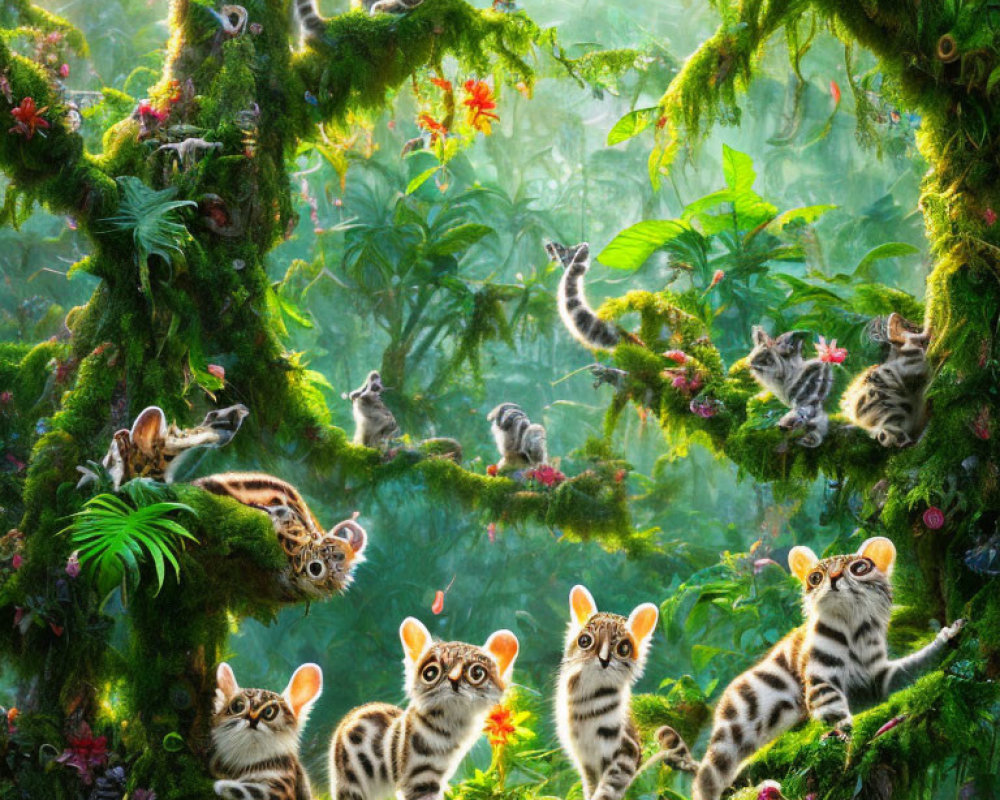 Vibrant forest scene with mossy trees and playful ocelot kittens