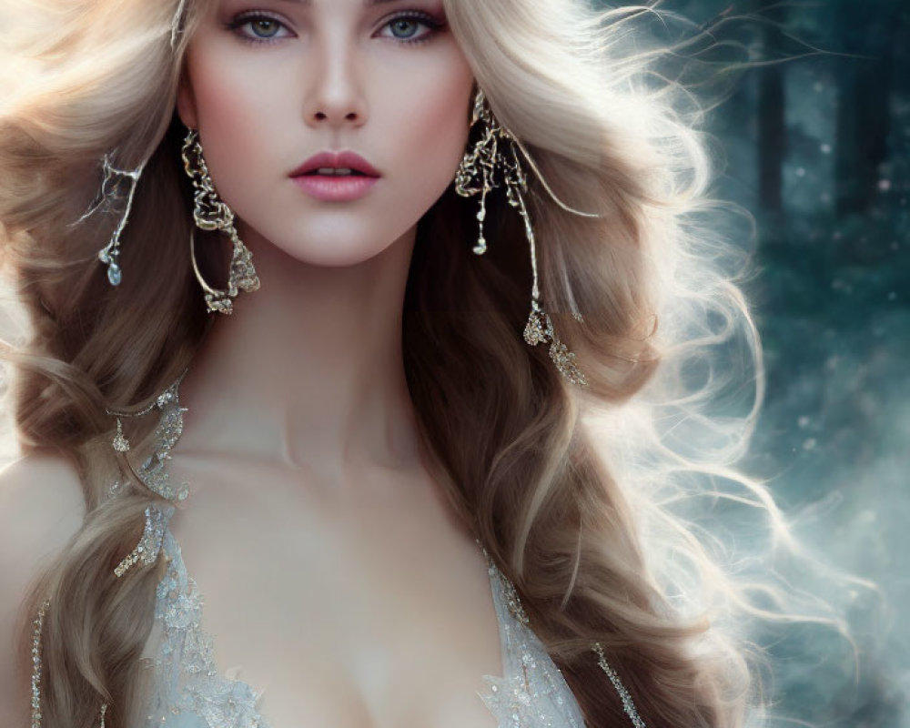 Ethereal woman with blond hair and purple eyes in shimmering gown.