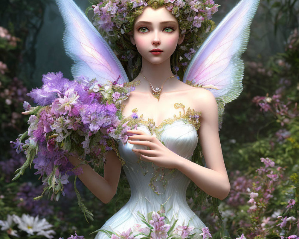 Iridescent-winged fairy with floral crown in lush greenery