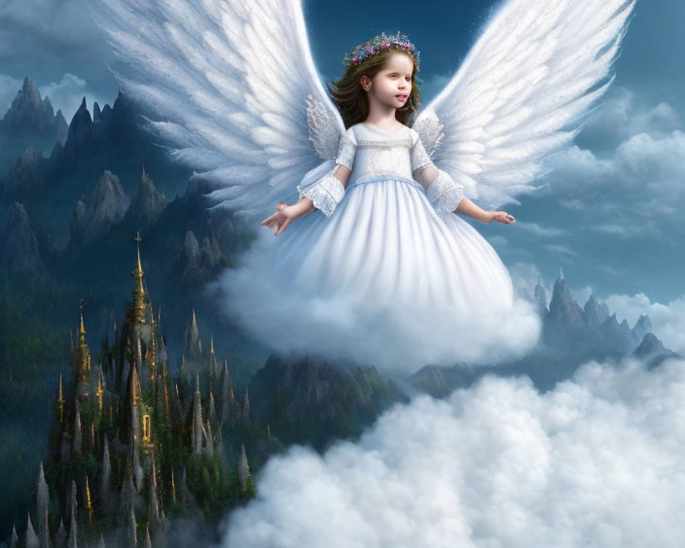 Young girl with angel wings and crown above clouds, castle, mountains, and dove.
