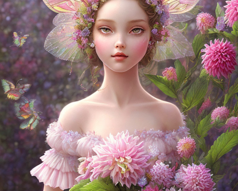 Fairy with Flower-Adorned Wings in Pink Floral Setting