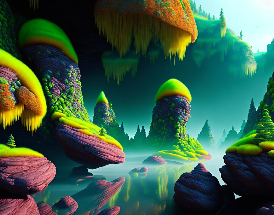 Vibrant surreal landscape with towering mushroom-like formations and floating islands
