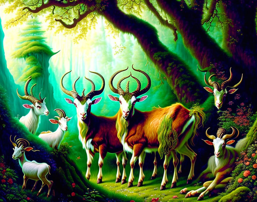 Majestic deer-like creatures in vibrant fantasy forest