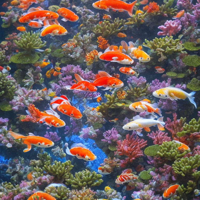Colorful Aquarium Scene: Bright Orange Fish and Coral Reefs