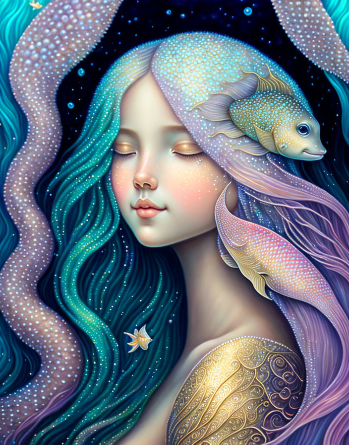 Illustration of a girl with flowing hair, fish, stars, and butterfly.