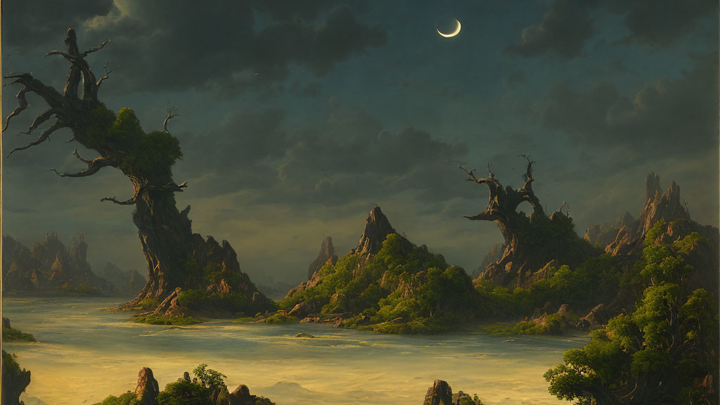 Mystical landscape with towering trees, river, and crescent moon