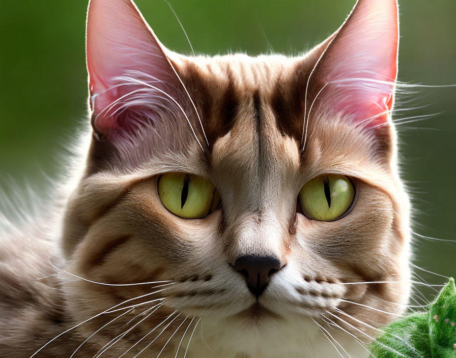 Brown Tabby Cat with Green Eyes and Whiskers on Green Background