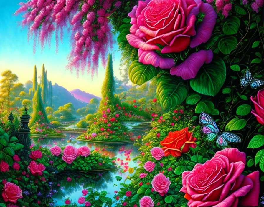 Fantasy Garden with Oversized Roses and Tranquil Pond
