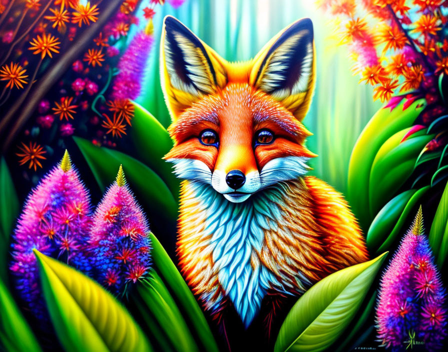 Colorful Fox Illustration Among Vibrant Flowers