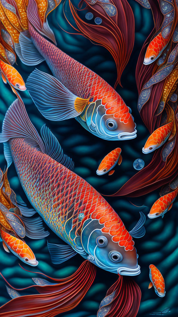 Detailed artwork of elegant koi fish in lush underwater setting.