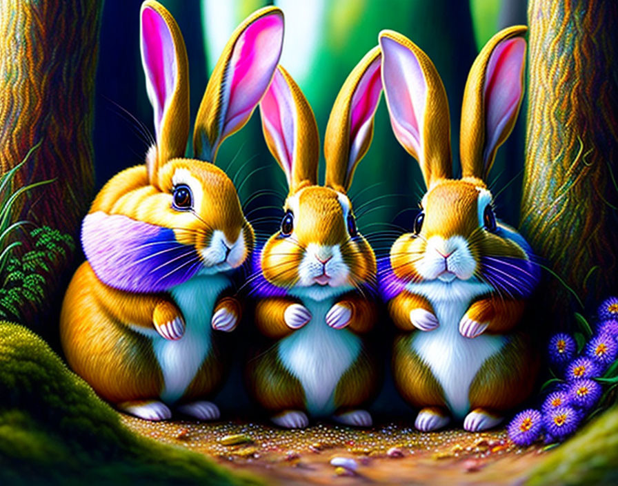 Colorful Stylized Rabbits in Whimsical Forest Scene