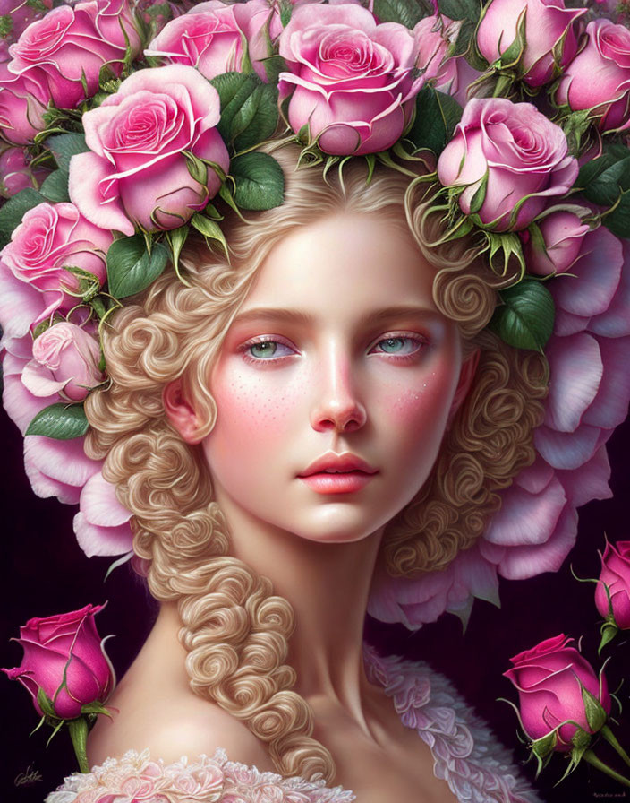 Digital artwork: Pale woman with blond hair, pink rose crown, against rose background
