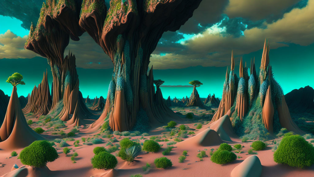 Alien desert landscape with towering rock formations