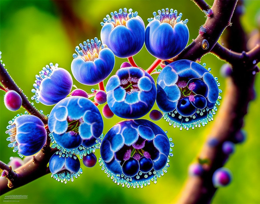 Colorful spheres with dew drops on thin stems on green background