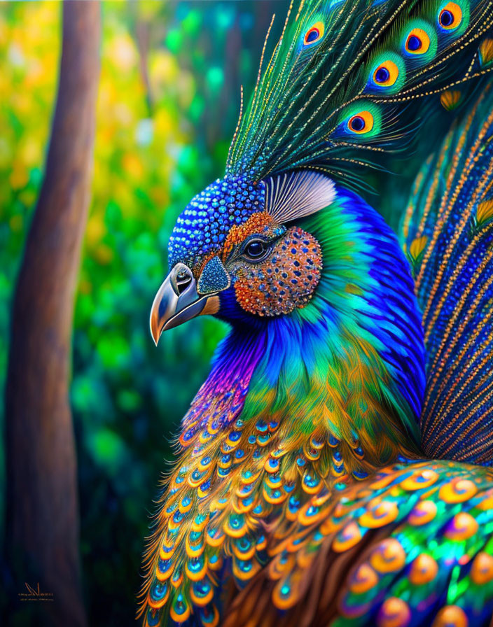 Colorful Peacock Illustration with Detailed Eye-Like Patterns