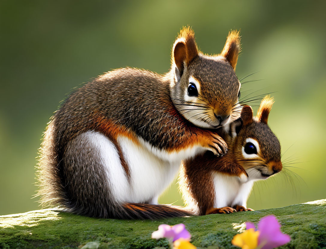 Playful squirrel interaction on rock in nature setting.