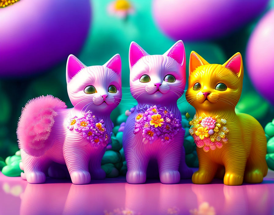 Colorful Toy Cats with Floral Patterns Against Purple Spheres
