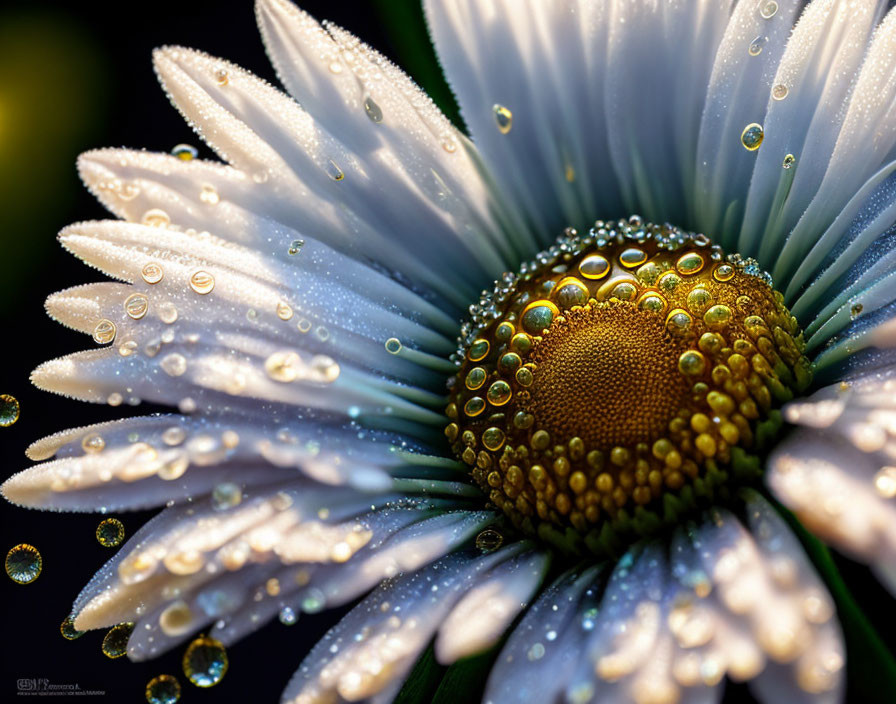 Dew-covered white flower with golden center and sparkling water droplets